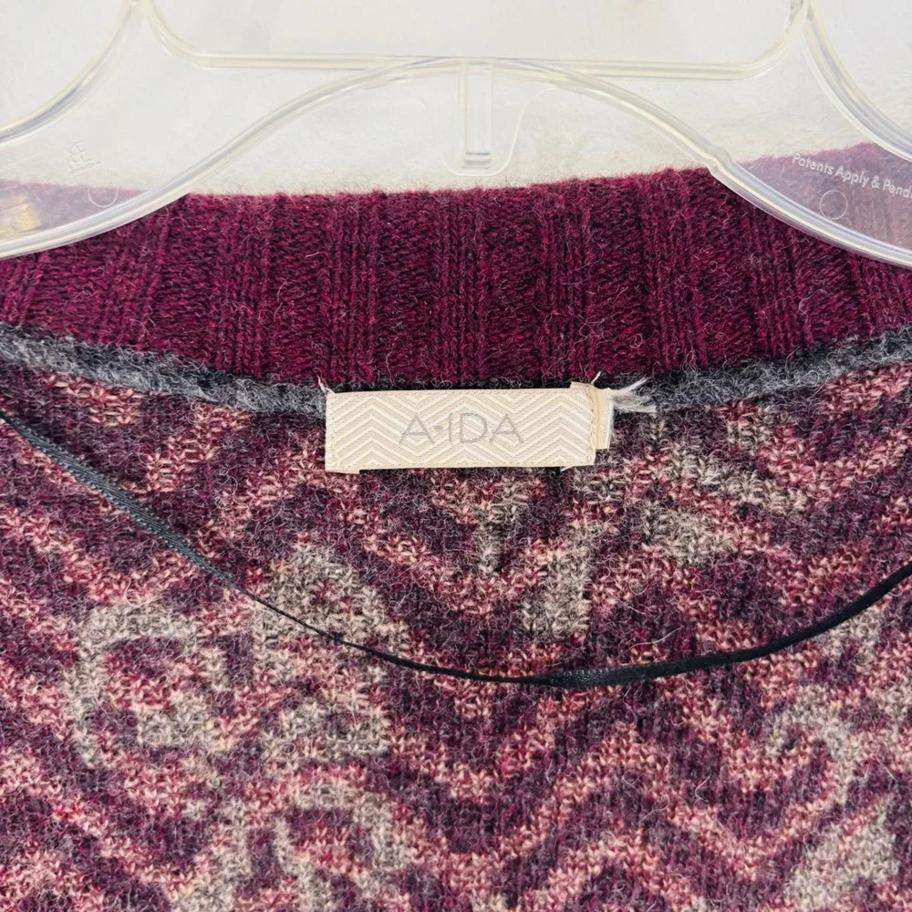 A Ida Italy Made Floral Wool Luxury Long Chevron Cardigan Burgundy Buckle Neck